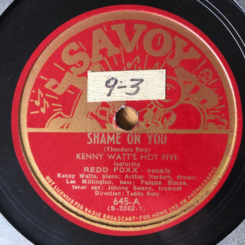 Front cover of Kenny Watt's Hot Five / Pete Brown Quintette – Shame On You / Back Talk Boogie, Savoy Records, US, 1947