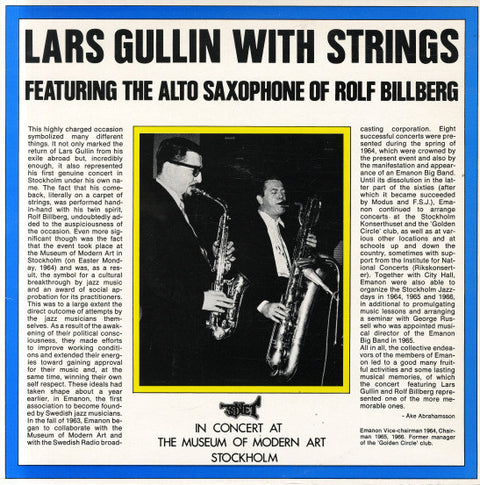Front cover of Lars Gullin – Lars Gullin With Strings (Featuring The Alto Saxophone Of Rolf Billberg), Sonet, Sweden, 1980