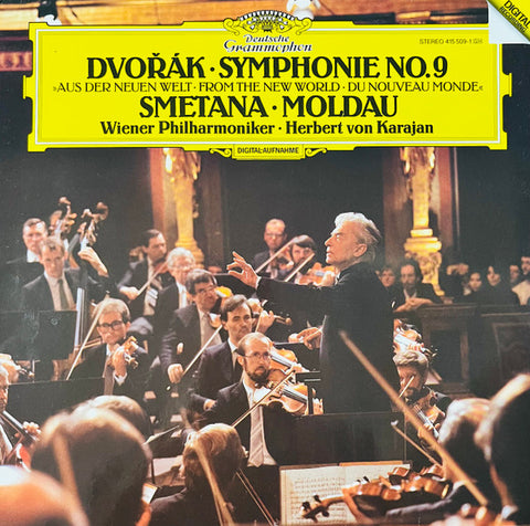 Front cover of Dvořák / Smetana, Wiener Philharmoniker, Herbert von Karajan – Symphonie No. 9 / Moldau, Deutsche Grammophon, Europe, 1985