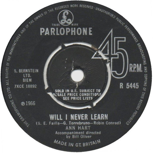 Front cover of Ann Hart – Will I Never Learn, Parlophone, UK, 1966