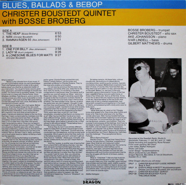 Christer Boustedt Quintet With Bosse Broberg – Blues, Ballads & Bebop, image 2