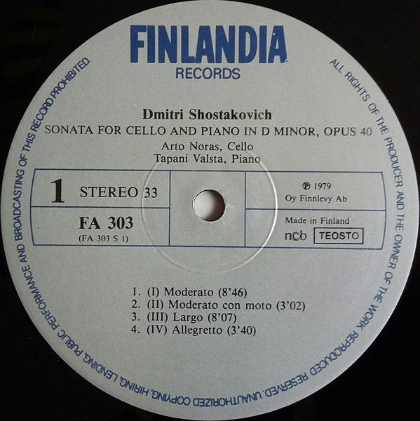 Dmitri Shostakovich / Franz Schubert - Arto Noras • Tapani Valsta – Sonata For Cello And Piano / Sonata For Cello And Piano ”Arpeggione”, image 4