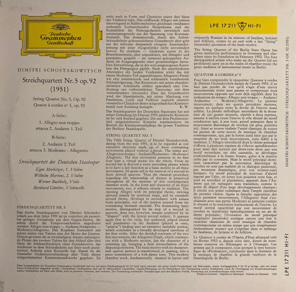 Dimitri Schostakowitsch / Streichquartett Der Deutschen Staatsoper – Streichquartett Nr. 5 Op. 92 = String Quartet No. 5, Op. 92, image 2