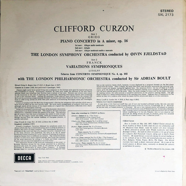 Grieg, Litolff, Franck, Clifford Curzon – Piano Concerto / Scherzo / Symphonic Variations, image 2