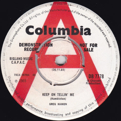 Front cover of Greg Hamon – Keep On Telling Me, Columbia, UK, 1965