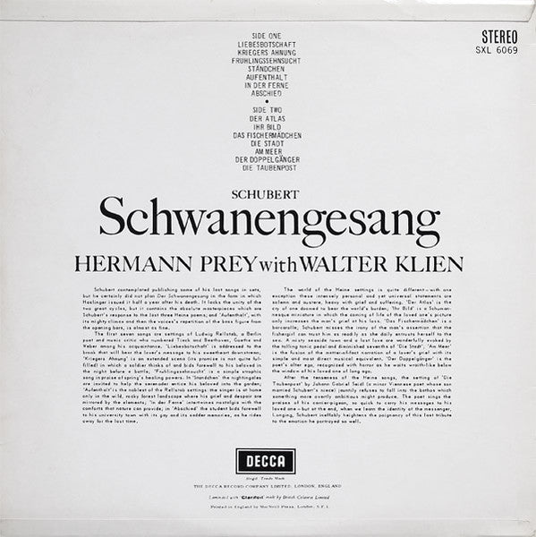 Hermann Prey, Walter Klien, Schubert – Schwanengesang, image 2