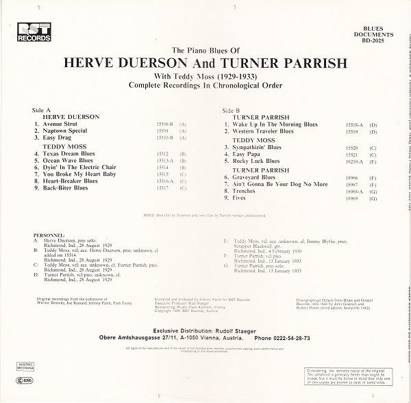 Herve Duerson And Turner Parrish With Teddy Moss – The Piano Blues (1929-1933) Complete Recordings In Chronological Order, image 2