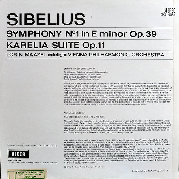 Sibelius - Maazel / Vienna Philharmonic Orchestra – Symphony No. 1 / Karelia Suite, image 2