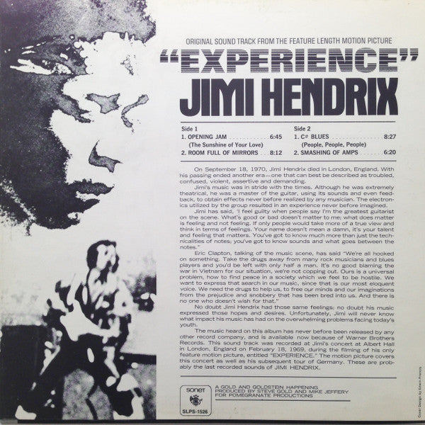 Jimi Hendrix – "Experience" - Original Sound Track From The Feature Length Motion Picture, image 2