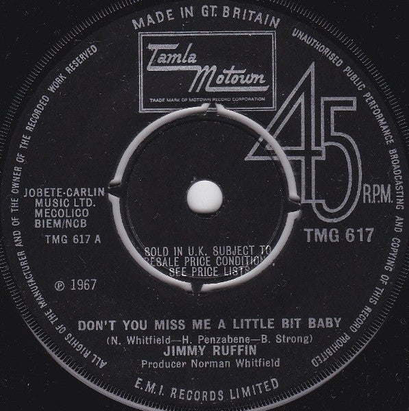 Front cover of Jimmy Ruffin – Don't You Miss Me A Little Bit Baby, Tamla Motown, UK, 1967