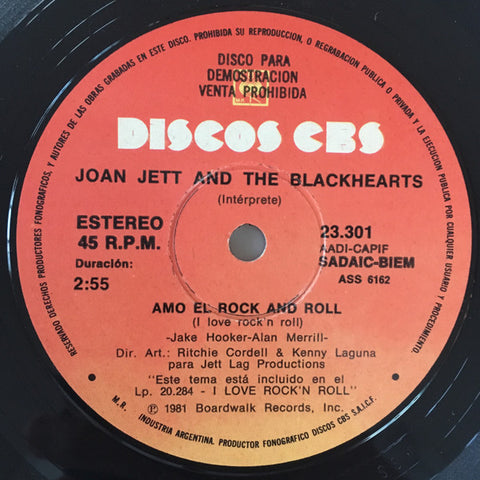 Front cover of Joan Jett & The Blackhearts – Amo El Rock (I Love Rock'n Roll) / Eres Demasiado Posesivo (You're Too Possessive), CBS, Argentina, 1982