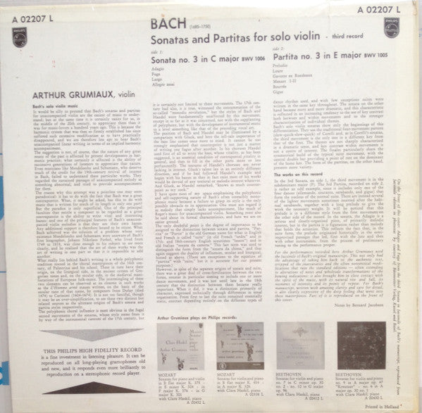 Bach - Arthur Grumiaux – Sonate Nr. 3 C-Dur Für Violine Allein BWV 1005, Partita Nr. 3 E-Dur Für Violine Allein BWV 1006, image 2