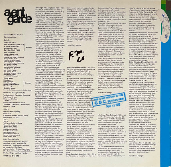 John Cage / Dieter Schnebel - Ensemble Musica Negativa, Rainer Riehn – Atlas Eclipticalis • Winter Music • Cartridge Music / Glossolalie, image 2