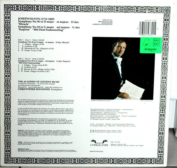 Joseph Haydn, Academy Of Ancient Music, Christopher Hogwood – Symphony No. 94 'Surprise' / Symphony No. 96 'Miracle', image 2