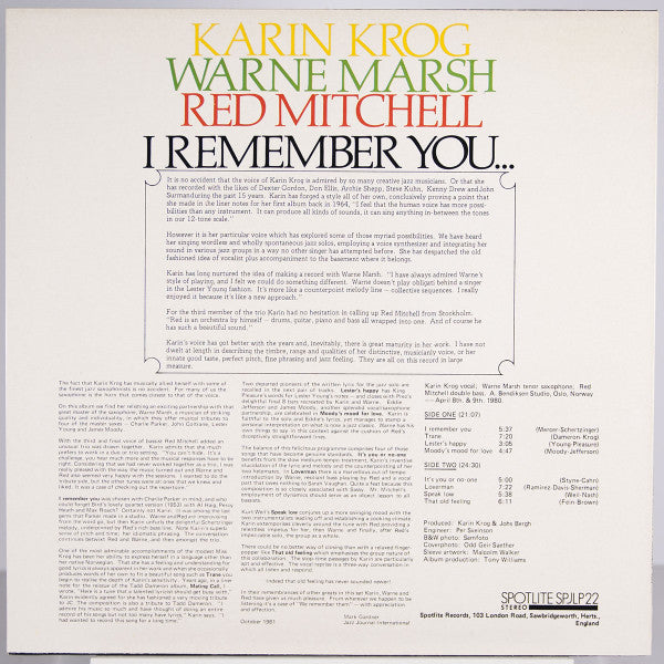 Karin Krog, Warne Marsh, Red Mitchell – I Remember You..., image 2