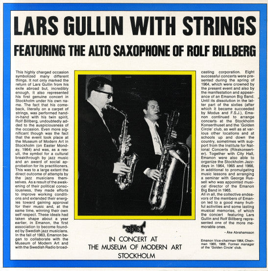 Front cover of Lars Gullin – Lars Gullin With Strings (Featuring The Alto Saxophone Of Rolf Billberg), Sonet, Sweden, 1980