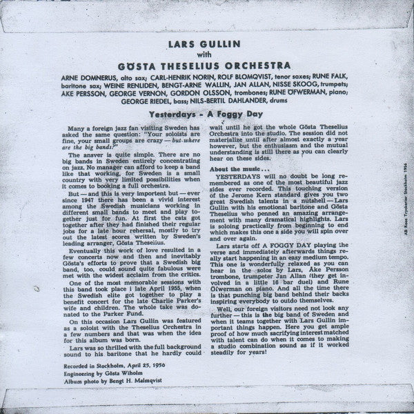 Lars Gullin, Gösta Theselius And His Orchestra – Yesterdays / A Foggy Day, image 2