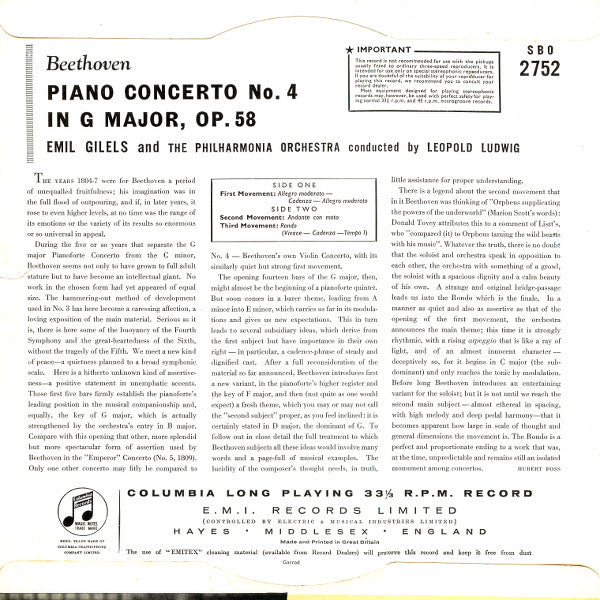 Beethoven, Emil Gilels, Philharmonia Orchestra, Leopold Ludwig – Piano Concerto No. 4 In G Major, image 2