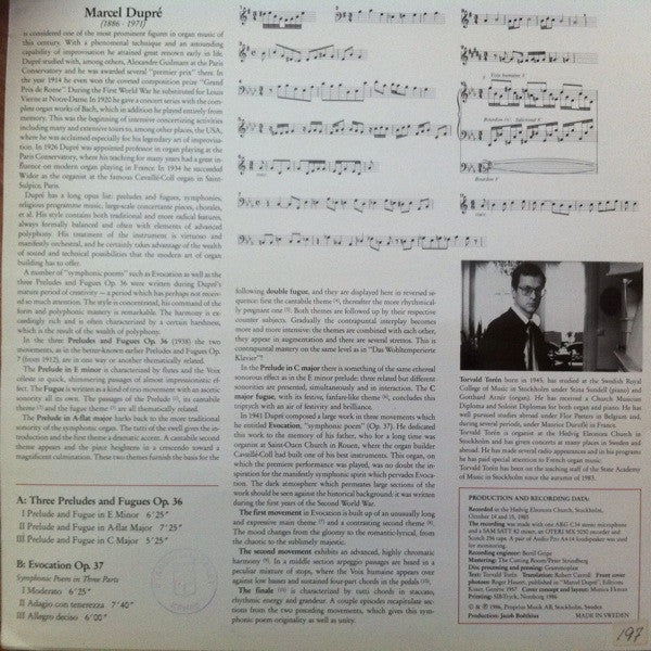 Dupré, Torvald Torén – Hommage Au Centenaire - Torvald Torén På Orgeln I Hedvig Eleonora, Stockholm: Evocation Samt Trois Préludes Et Fugues (Op 36), image 2