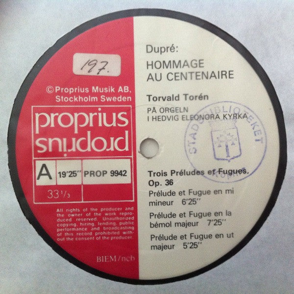 Dupré, Torvald Torén – Hommage Au Centenaire - Torvald Torén På Orgeln I Hedvig Eleonora, Stockholm: Evocation Samt Trois Préludes Et Fugues (Op 36), image 3