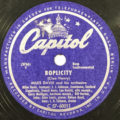 Front cover of Miles Davis And His Orchestra – Boplicity / Israel, Capitol Records, Sweden, 1949