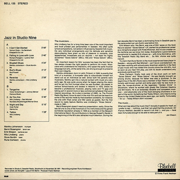 Nils Lindberg Presents Markku Johansson, Bernt Rosengren, Erik Nilsson, Sture Nordin, Rune Carlsson – Jazz In Studio Nine, image 2