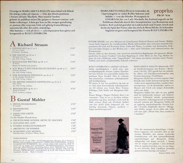 Richard Strauss, Gustav Mahler, Margareta Hallin, Rolf Lindblom – Romanser - Lieder - Romances, image 2