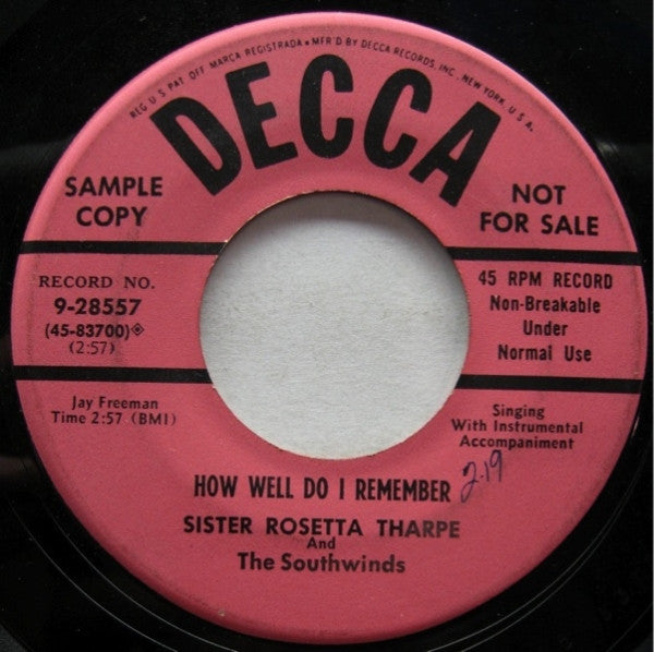 Front cover of Sister Rosetta Tharpe And The Southwinds – How Well Do I Remember / I Just Couldn't Be Contented, Decca, US, 1953