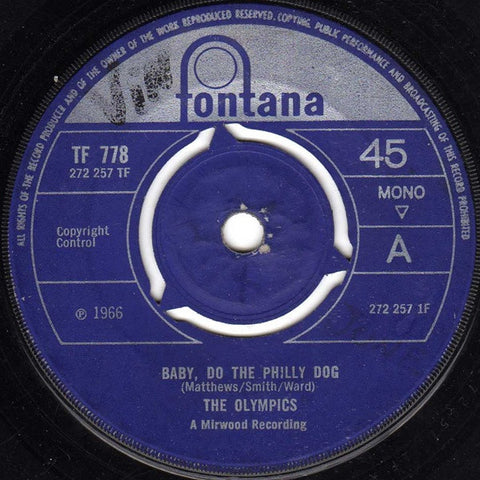 Front cover of The Olympics – Baby, Do The Philly Dog, Fontana, UK, 1966