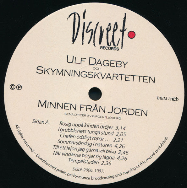 Ulf Dageby Och Skymningskvartetten – Minnen Från Jorden, image 3