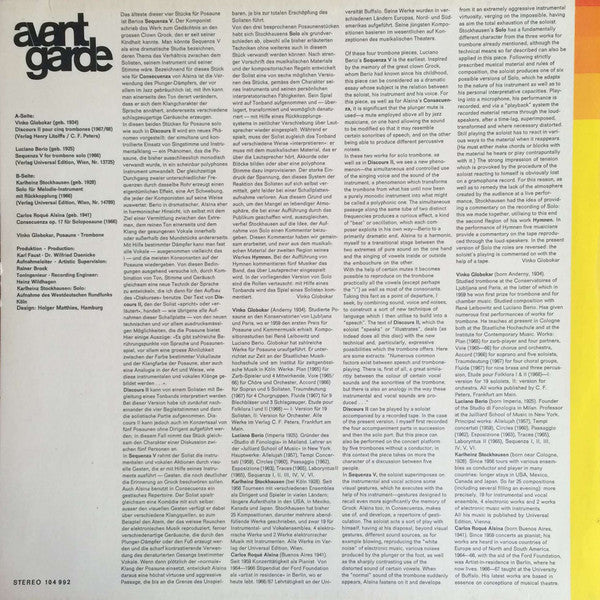 Vinko Globokar, Luciano Berio, Karlheinz Stockhausen, Carlos Roqué Alsina – Discours II / Sequenza V / Solo Für Melodie-Instrument Mit Rückkopplung / Consecuenza, image 2