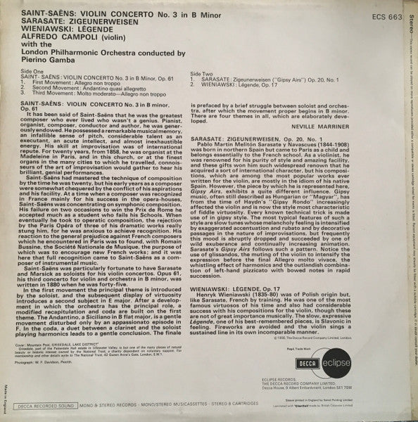 Saint-Saëns, Sarasate, Wieniawski, Alfredo Campoli, London Philharmonic Orchestra, Pierino Gamba – Violin Concerto No. 3, Zigeunerweisen, Legende, image 2
