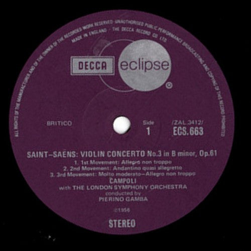 Saint-Saëns, Sarasate, Wieniawski, Alfredo Campoli, London Philharmonic Orchestra, Pierino Gamba – Violin Concerto No. 3, Zigeunerweisen, Legende, image 3