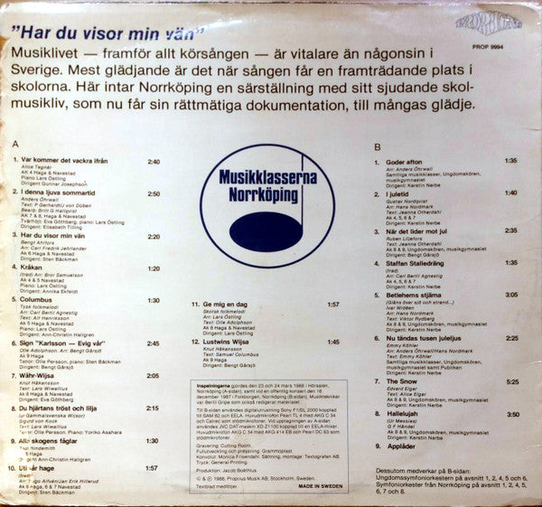 Musikklasserna Norrköping, Norrköpings Symfoniorkester, Norrköpings Ungdomssymfoniorkester, Norrköpings Ungdomskör, Norrköpings Musikgymnasium, Olle Persson, Kerstin Nerbe, Bengt Gårsjö – Har Du Visor Min Vän, image 2